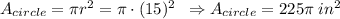 A_{circle}=\pi r^2=\pi\cdot(15)^2\:\;\Rightarrow A_{circle}=225\pi\;in^2