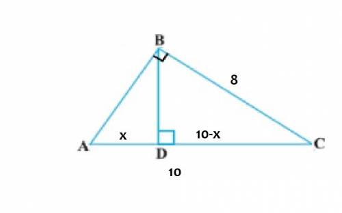 In triangle abc, ac=10, bc=8, angle b =90 degrees and angle bda = 90. how long is line bd