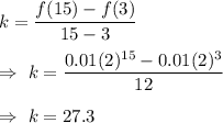 k=\dfrac{f(15)-f(3)}{15-3}\\\\\Rightarrow\ k=\dfrac{0.01(2)^{15}-0.01(2)^3}{12}\\\\\Rightarrow\ k=27.3