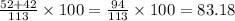 \frac{52+42}{113}\times100=\frac{94}{113}\times 100=83.18