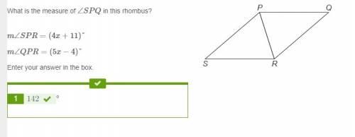 What is the measure of ∠spq in this rhombus?  m∠spr=(4x+11)° m∠qpr=(5x−4)°