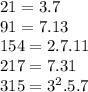 21=3.7\\ 91=7.13\\154=2.7.11\\ 217=7.31\\ 315=3^2.5.7