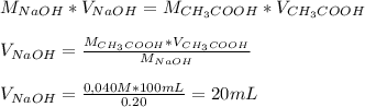 M_{NaOH}*V_{NaOH}=M_{CH_3COOH}*V_{CH_3COOH} \\  \\  V_{NaOH}= \frac{M_{CH_3COOH}*V_{CH_3COOH} }{M_{NaOH}} \\  \\  V_{NaOH}= \frac{0,040M*100 mL }{0.20}}=20 mL