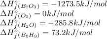 \Delta H^o_f_{(B_2O_3)}=-1273.5kJ/mol\\\Delta H^o_f_{(O_2)}=0kJ/mol\\\Delta H^o_f_{(H_2O)}=-285.8kJ/mol\\\Delta H^o_f_{(B_5H_9)}=73.2kJ/mol