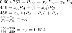 0.60*760=P_{vap}=x_{A}P_{A}+x_{B}P_{B}\\456=x_{A}P_{A}+(1-x_{A})P_{B}\\456=x_{A}*(P_{A}-P_{B})+P_{B}\\\frac{456-P_{B}}{P_{A}-P_{B}}=x_{A}\\\\\frac{456-250}{566-250}=x_{A}=0.652