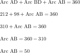 \rm Arc \ AD+Arc \ BD+Arc \ AB=360\\\\212+98+Arc\  AB=360\\\\310+Arc \ AB=360\\\\ Arc \ AB=360-310\\\\ Arc\ AB = 50