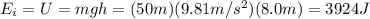E_i = U = mgh = (50 m)(9.81 m/s^2)(8.0m)=3924 J