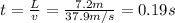 t= \frac{L}{v}= \frac{7.2 m}{37.9 m/s}=0.19 s