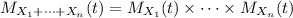 M_{X_1+\cdots+X_n}(t)=M_{X_1}(t)\times\cdots\times M_{X_n}(t)
