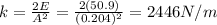 k=\frac{2E}{A^2}=\frac{2(50.9)}{(0.204)^2}=2446 N/m