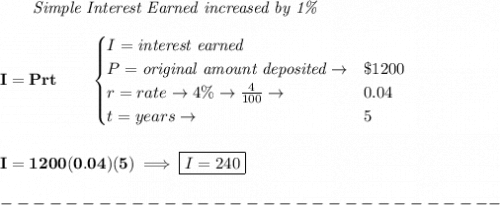 \bf ~~~~~~ \textit{Simple Interest Earned increased by 1\%}\\\\&#10;I = Prt\qquad &#10;\begin{cases}&#10;I=\textit{interest earned}\\&#10;P=\textit{original amount deposited}\to& \$1200\\&#10;r=rate\to 4\%\to \frac{4}{100}\to &0.04\\&#10;t=years\to &5&#10;\end{cases}&#10;\\\\\\&#10;I=1200(0.04)(5)\implies \boxed{I =240}\\\\&#10;-------------------------------
