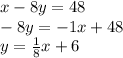 x - 8y = 48 \\  - 8y =  - 1x + 48 \\ y =  \frac{1}{8}x  + 6