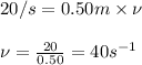 20/s=0.50m\times \nu\\\\\nu=\frac{20}{0.50}=40s^{-1}