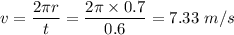 v=\dfrac{2\pi r}{t}=\dfrac{2\pi \times 0.7}{0.6}=7.33\ m/s