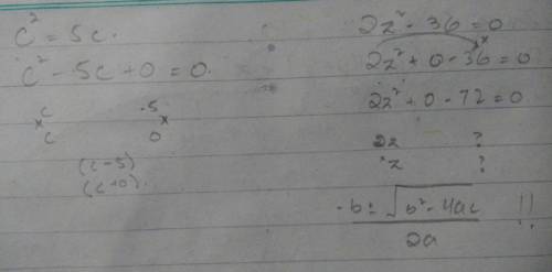 Me i'm a desperate sobbing mess cause of this class. solve by factoring 1) 2z^2-36=0 2) c^2=5c 3) p^