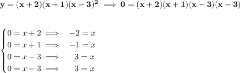 \bf y=(x+2)(x+1)(x-3)^2\implies 0=(x+2)(x+1)(x-3)(x-3)&#10;\\\\\\&#10;\begin{cases}&#10;0=x+2\implies &-2=x\\&#10;0=x+1\implies &-1=x\\&#10;0=x-3\implies &~~3=x\\&#10;0=x-3\implies &~~3=x&#10;\end{cases}