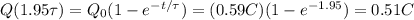 Q(1.95 \tau) = Q_0 (1-e^{-t/\tau})=(0.59 C)(1-e^{-1.95})=0.51 C