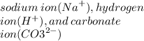 sodium \:  ion ( {Na}^{+}), hydrogen \\  ion ( {H}^{+}), and \:  carbonate \\ ion ( {CO3}^{2-})