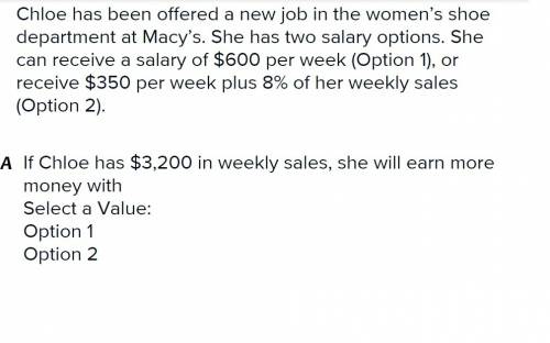 If chloe has $3,200 in weekly sales, she will earn more money with
