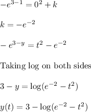 -e^{3-1}=0^2+k\\\\k=-e^{-2}\\\\-e^{3-y}=t^2-e^{-2}\\\\ \text{Taking log on both sides}\\\\3-y=\log(e^{-2}-t^2)\\\\y(t)=3-\log(e^{-2}-t^2)