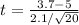 t=\frac{3.7-5}{{2.1}/{\sqrt{20} }}