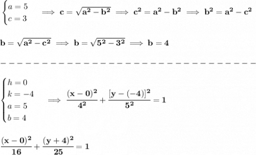 \bf \begin{cases}&#10;a=5\\&#10;c=3&#10;\end{cases}\implies c=\sqrt{a^2-b^2}\implies c^2=a^2-b^2\implies b^2=a^2-c^2&#10;\\\\\\&#10;b=\sqrt{a^2-c^2}\implies b=\sqrt{5^2-3^2}\implies b=4\\\\&#10;-------------------------------\\\\&#10;\begin{cases}&#10;h=0\\&#10;k=-4\\&#10;a=5\\&#10;b=4&#10;\end{cases}\implies \cfrac{(x- 0)^2}{ 4^2}+\cfrac{[y-(-4)]^2}{ 5^2}=1&#10;\\\\\\&#10;\cfrac{(x- 0)^2}{ 16}+\cfrac{(y+4)^2}{25}=1