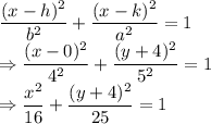 \dfrac{(x-h)^2}{b^2}+\dfrac{(x-k)^2}{a^2}=1\\\Rightarrow \dfrac{(x-0)^2}{4^2}+\dfrac{(y+4)^2}{5^2}=1\\\Rightarrow \dfrac{x^2}{16}+\dfrac{(y+4)^2}{25}=1