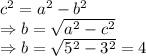 c^2=a^2-b^2\\\Rightarrow b=\sqrt{a^2-c^2}\\\Rightarrow b=\sqrt{5^2-3^2}=4