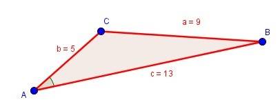 Atriangle has sides of length 5 ft, 9 ft, and 13 ft.  what is the measure of the angle opposite the