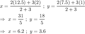 x=\dfrac{2(12.5)+3(2)}{2+3}\ ;\ y=\dfrac{2(7.5)+3(1)}{2+3}\\\\\Rightarrow\ x=\dfrac{31}{5}\ ;\ y=\dfrac{18}{5}\\\\\Rightarrow\ x=6.2\ ;\ y=3.6