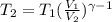 T_2 = T_1 ( \frac{V_1}{V_2} )^{\gamma-1}