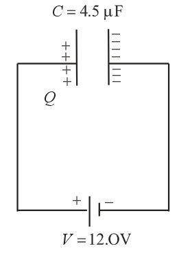 Acapacitor with capacitance (c) = 4.50 μf is connected to a 12.0 v battery. what is the magnitude of