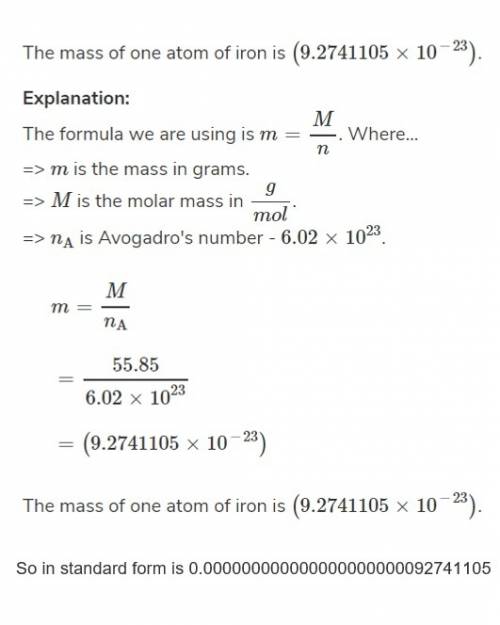 What's the mass of one iron atom in standard and scientific notation