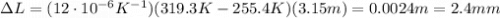 \Delta  L = (12\cdot 10^{-6} K^{-1})(319.3 K-255.4 K)(3.15 m)=0.0024 m=2.4 mm