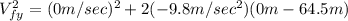 V_{fy} ^{2} = (0 m/sec)^{2} + 2(-9.8 m/sec^{2})(0 m - 64.5 m)