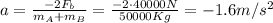 a= \frac{-2 F_b}{m_A+m_B}= \frac{-2 \cdot 40000 N}{50000 Kg}=-1.6 m/s^2