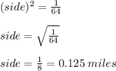 (side)^{2} = \frac{1}{64} \\\\ side = \sqrt{\frac{1}{64}}  \\\\ side = \frac{1}{8} = 0.125\; miles