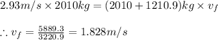 2.93m/s\times 2010kg=(2010+1210.9)kg\times v_{f}\\\\\therefore v_{f}=\frac{5889.3}{3220.9}=1.828m/s