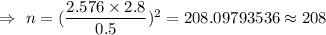 \Rightarrow\ n=(\dfrac{2.576\times2.8}{0.5})^2=208.09793536\approx208