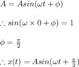 A=Asin(\omega t+\phi)\\\\\therefore sin(\omega\times 0+\phi)=1\\\\\phi=\frac{\pi}{2}\\\\\therefore x(t)=Asin(\omega t+\frac{\pi}{2})