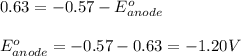 0.63=-0.57-E^o_{anode}\\\\E^o_{anode}=-0.57-0.63=-1.20V