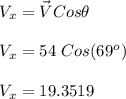V_x = \vec V Cos\theta\\\\V_x = 54\  Cos(69^o)\\\\V_x = 19.3519