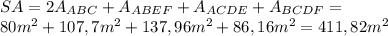 SA=2A_{ABC}+ A_{ABEF}+A_{ACDE}+A_{BCDF}= \\ 80 m^{2} +107,7m^{2} +137,96m^{2} +86,16m^{2} =411,82m^{2}