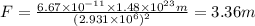 F=\frac{6.67\times 10^{-11}\times 1.48 \times 10^{23} m}{(2.931\times 10^6)^2}=3.36m