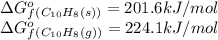 \Delta G^o_f_{(C_{10}H_8(s))}=201.6kJ/mol\\\Delta G^o_f_{(C_{10}H_8(g))}=224.1kJ/mol