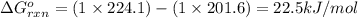 \Delta G^o_{rxn}=(1\times 224.1)-(1\times 201.6)=22.5kJ/mol