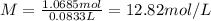 M=\frac{1.0685 mol}{0.0833 L}=12.82 mol/L