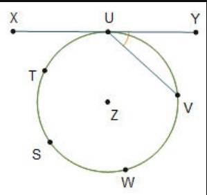 Line segment xy is tangent to circle z at point u. if the measure of uv is 84, what is the measure o