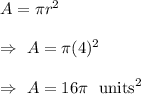 A=\pi r^2\\\\\Rightarrow\ A=\pi(4)^2\\\\\Rightarrow\ A =16\pi\ \text{ units}^2
