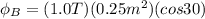 \phi_B = (1.0 T)(0.25 m^2)(cos30)